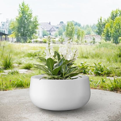 Kante 11.8" Dia Round Concrete Planter, Cement Plant Pots with Drainage Hole and Rubber Plug for Outdoor Indoor Garden Home, Modern Curvaceous Design, Pure White