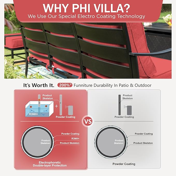 PHI VILLA 6 PCS Patio Furniture Sets with 2*Swivel Cushioned Sofa Chairs, 2* Leg Chairs, 1 * 3-Seat Wide Deep Seating Bench and 1*Coffee Table, Outdoor Metal Furniture Set for 7 Person(Red)