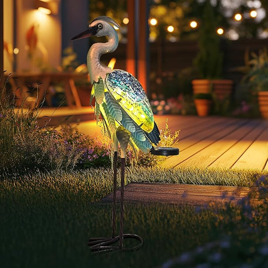 HONGLAND Solar Heron Metal Crane Statue Garden Heron Sculpture, Glass Outdoor Crane Yard Art Coastal Ocean Bird Decor 24 Inch Lawn Ornament for Backyard Porch Patio Decor（Green）
