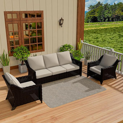 Vista Vibe 3 Pieces Outdoor Patio Conversation Furniture Set - 78" 3-seat Sofa | 2 Wicker Chairs, Deep Seat Loveseat, Removable Cushions, Hand-Woven PE Rattan Couch, Balcony (Brown/Beige)