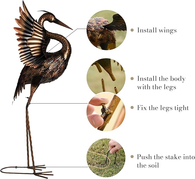 TERESA'S COLLECTIONS Yard Decorations Outdoor Garden Statues, Brass Metal Crane Yard Art, 33-39" Lawn Ornaments for Backyard,Outside Porch,Patio,Heron Decoy Bird Garden Decor,Set of 2,Gifts for Mom
