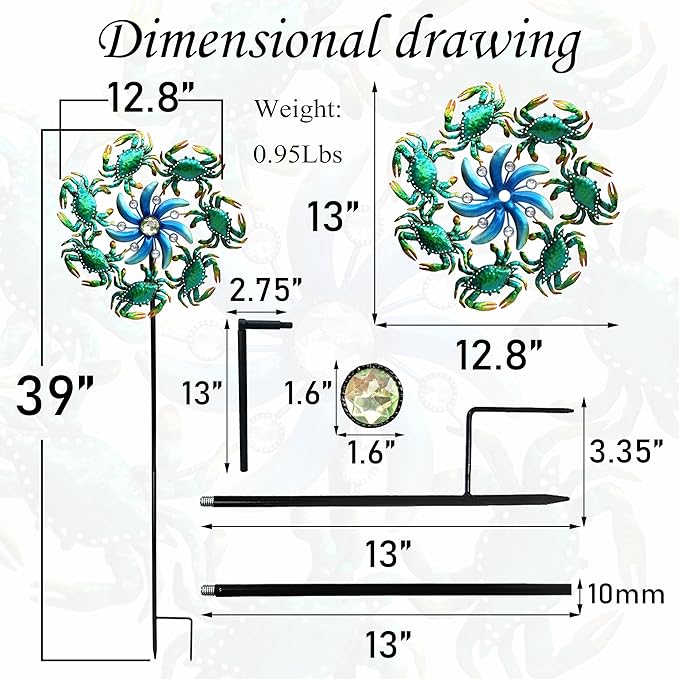 39" Crab Wind Spinners Metal Windmill Garden Stake,Ocean Theme Outdoor Wind Spinner,Wind Sculptures Yard Art Decorations for Patio,Lawn & Garden Decor