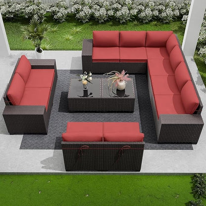 Outdoor Patio Furniture Set, 12 Pieces Outdoor Furniture All Weather Patio Sectional Sofas PE Wicker Modular Conversation Sets with Coffee Table,10 Chairs & Seat Clips Red.