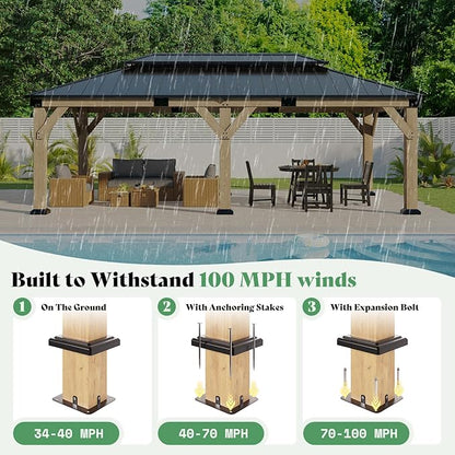 AMERLIFE 12x20 ft Hardtop Gazebo, Spruce Wood Gazebo with Iron Double Roof, Outdoor Pergola with Wood Frame for Garden, Porch, Patio, Charcoal Gray + Brown Gray