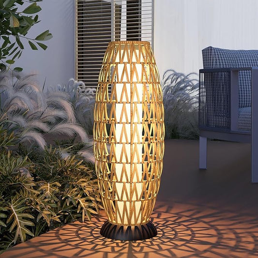 Solar Yard 2-Pack 29" Outdoor Solar-Powered Woven Wicker Boho Lantern Floor Lamp, Decoration for Deck Garden, Pathway, Oslo Natural
