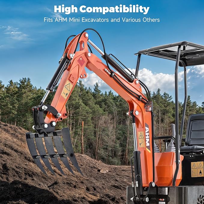 AHM 19" Mini Excavator Rake, 5-Tooth Wide Rake Attachment for Mini Excavators up to 2 Tons, 490 mm Metal Brush Rake with 0.98" (25 mm) Pins for Land Clearing, Debris Removing, Soil Spreading