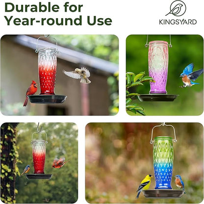 Kingsyard Bird Water Feeder for Outside, 24 Ounce, Glass Bird Water Dispenser with Metal Hanging for Garden Yard Outside Decoration, Green & Blue