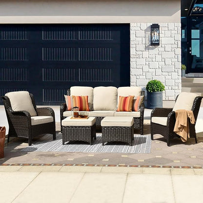 HOOOWOOO Patio Furniture Set,5 Piece Outdoor Furniture Set,Wicker Patio Conversation Couch Chairs Ottoman Set,Beige