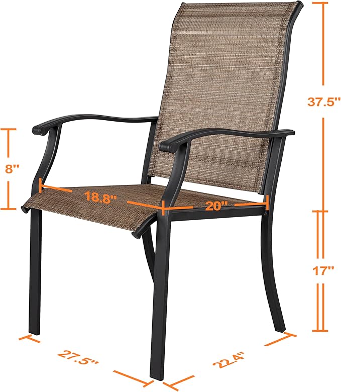 NUU GARDEN Patio Dining Chairs Set of 2, Indoor/Outdoor Textilene Dining Chairs with High Back, Patio Furniture Chairs with Armrest, Iron Frame and Textilene Chairs,Black&Brown