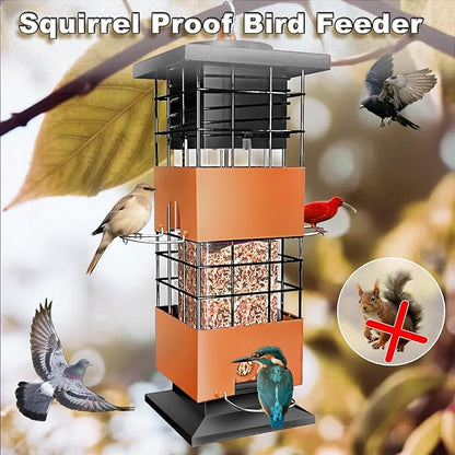 Squirrel Proof Bird Feeders for Outdoors Hanging, Large Capacity 3.5Lbs Bird Feeders with 4 Feeding Ports, Metal Gravity Protection Birds Feeder for Outside, Cardinal, Sparrow, Finch, Brown