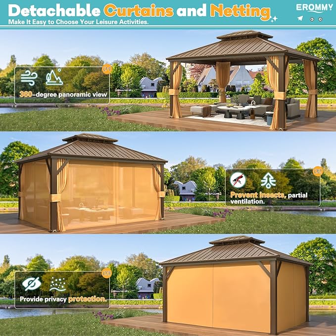 EROMMY 12'x14' Gazebo Hardtop, Galvanized Steel Double Roof Metal Gazebo with Aluminum Frame, Permanent Outdoor Pavilion with Curtain and Netting for Patio, Lawn and Garden, Brown