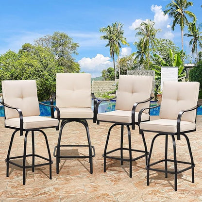 Patio Swivel Bar Stools, Outdoor High Back Swivel Bar Chair Set of 4 with Cushion & All Weather Steel Frame for Backyard, Lawn, Poolside and Balcony, Beige
