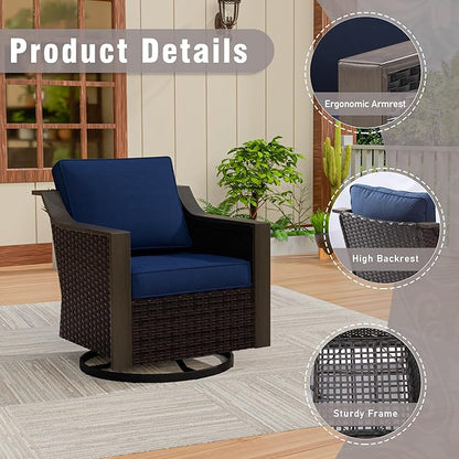 5 Piece Wicker Patio Conversation Set, All-Weather Use Outdoor 2 PE Rattan Swivel Chair, 2 Ottoman, 1 Patio Sofa, Removable Water-Resistant Cushion, Ideal for Porch, Backyard, Balcony, Poolside, Blue