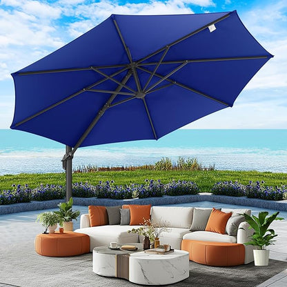 Hotime 10ft Patio Umbrella Outdoor Patio Windproof and Height adjustable, Heavy Duty Aluminum Round Offset Patio Umbrella Cantilever Pool Umbrella with 360°Rotation for Garden Deck Pool, Dark Blue