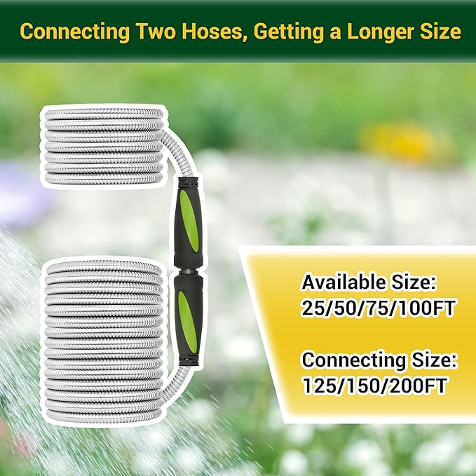 Garden Hose - Water Hose 25 FT with Swivel Handle, Flexible, Heavy Duty, No Kink, Lightweight Metal Hose for Outdoor, Yard, 304 Stainless Stee