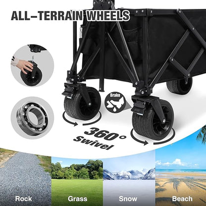 REDCAMP 49" L Extended Collapsible Beach Fishing Cart with Rod Holders, 330LBS Heavy Duty Extra Large Folding Utility Garden Cart with Tailgate and Big All-Terrain Wheels for Grocery, Sport, Fishing