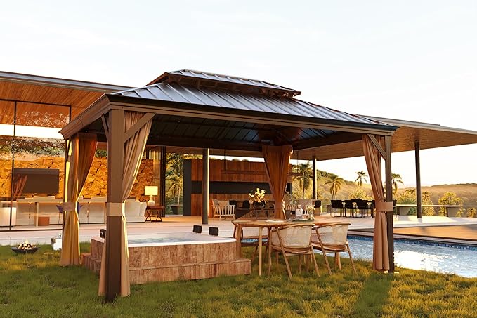 12' x 16' Outdoor Hardtop Gazebo Aluminum Frame with Double Metal Roof, Canopy Netting, Curtain, Patio Permanent Galvanized Steel Gazebo for Backyard, Garden, Party, Deck, Lawn