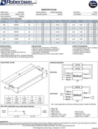 Robertson RSW234T12120 (3P20132) Fluorescent Electronic Ballast, 120Vac, for 1 or 2 T8 Lamps between 25W to 32W, or 1 or 2 T12 Lamps between 25W to 40W, Preheat Rapid Start Operation (Qty 1 ea.)