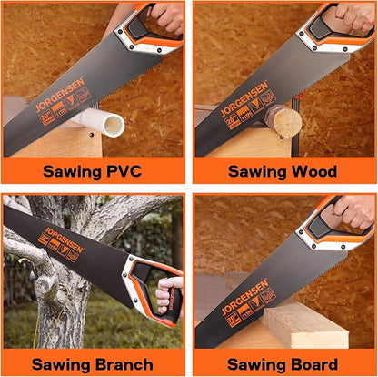 JORGENSEN 20 Inch Black Coated Pro Hand Saw, 11 TPI Fine-Cut Ergonomic Non-Slip Aluminum Ultrasonic Welding Handle for Sawing, Trimming, Gardening, Woodworking, Drywall, Plastic Pipes
