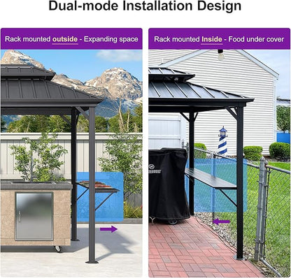 PURPLE LEAF 6' X 8' Hardtop Grill Gazebo for Patio Aluminum Barbeque Gazebo Canopy with 24 Clear Light Bulbs and Shelves Double Tiered Grey Outdoor BBQ