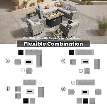 ovios 10 Pieces Patio Furniture Set, Outdoor Wicker Sectional Sofa with 42" Fire Pit Table Swivel Chairs, Modern Modular Deep Seat Rattan Couch Conversation Sets, Beige