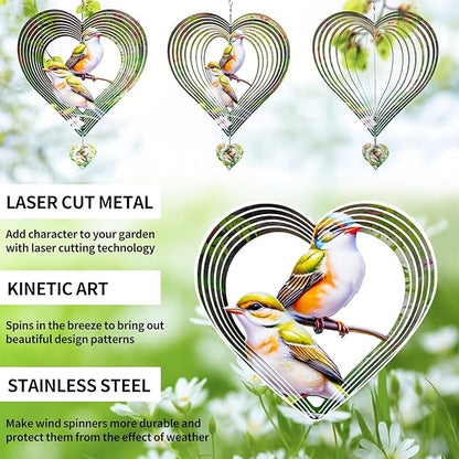 3D Hummingbird Heart Wind Spinner for Outdoor Decor, Stainless Steel Hanging Wind Sculpture, Garden Gifts for Mom, Mother’s Day, Rustproof Metal Yard Art for Patio, Porch, and Bird Lovers