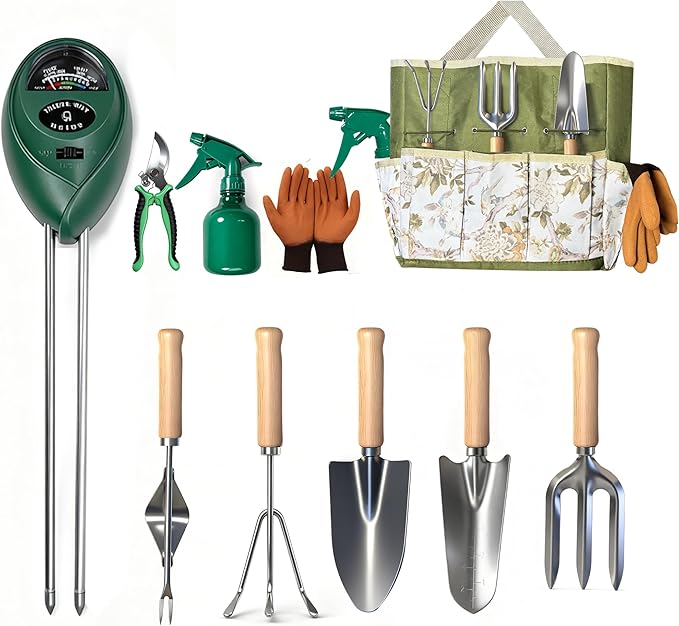 Garden Tool Set,10 Pcs Heavy Duty Gardening Hand Tools Set with Soil Moisture Meter and Storage Tote Bag,Rust-Proof Garden Supplies Kit for Planting,Ideal Gardening Gifts for Women