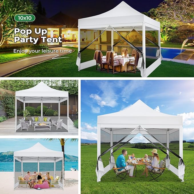 COBIZI 10x10 Heavy Duty Pop Up Canopy with 4 Mosquito Netting Wall, Easy Set Up Commercial Gazebo Party Tent, Outdoor Instant Screen Canopy for Backyard, Patio, Garden, White