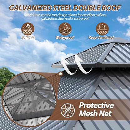 10 X 10ft Hardtop Gazebo, Galvanized Steel Double Roof Gazebo with Nettings and Curtain Outdoor Aluminum Frame Vertical Stripes Roof Permanent for Patio, Backyard, Lawns