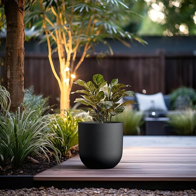 Kante 11.0" Round Concrete Planter, Large Cylinder Plant Pot with Curved Bottom and Drainage Hole, for Indoor and Outdoor Use – Garden or Patio, Black Finish with Warm Brown Interior