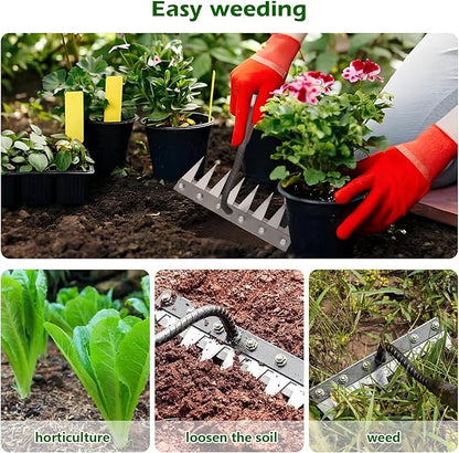 Iron Weeding Rake 2.0, New 5/6/7/8 Teeth Carbon Steel Garden Weeder Rakes, Weeder Puller Tool for Yard Lawn and Garden, Heavy Duty Metal Rake for Lawn, Flower Beds & Soil Aeration(5 Teeth)