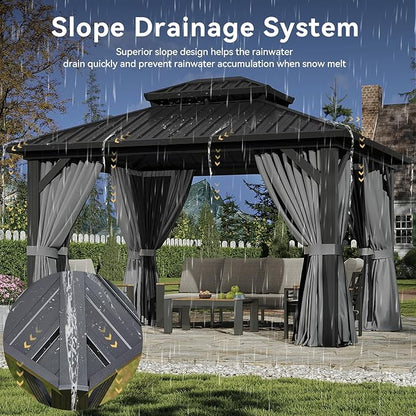 Aoxun 12'x10' Hardtop Gazebo with Light, Aluminum Frame Permanent Pavilion with Curtains and Netting, Outdoor Galvanized Double Roof Canopy, Designed for Garden, Lawns, Patio