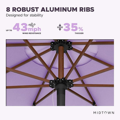 Midtown Umbrellas The Wooden 9 Feet Patio Umbrella With Terylast Midtown Purple Polyester Fabric - Aluminum Frame Market Umbrella For Backyard, Deck, Garden, Pool - Wooden Pole