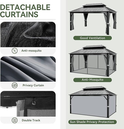 Aoxun Hardtop Gazebo 12FT X 16FT, Outdoor Pergolas with Mosquito Netting and Curtains, Galvanized Steel Double Roof Permanent Aluminum Gazebo, and LED Outdoor Waterproof Hanging Lights