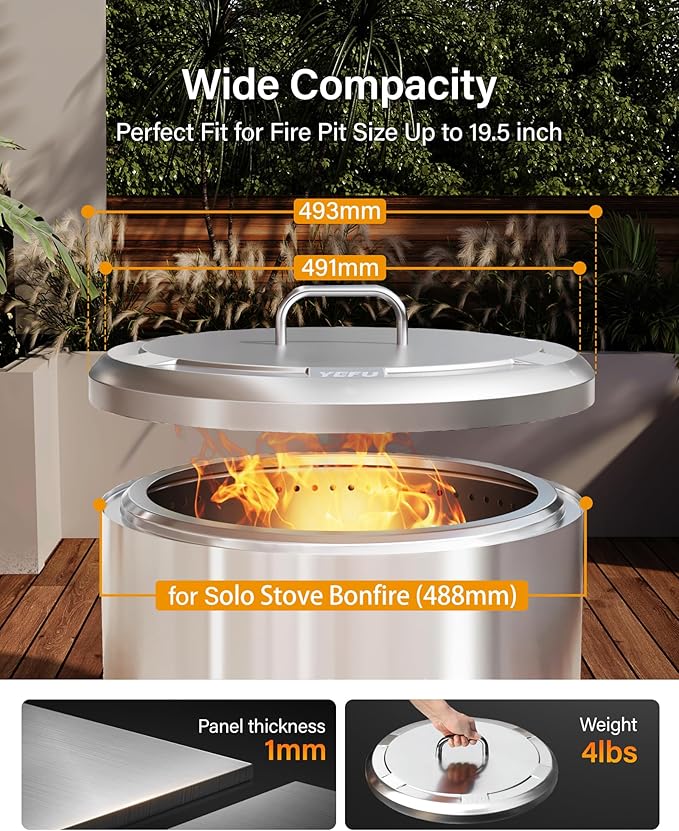 YEFU Fire Pit Lid for Solo Stove Bonfire 19.5 Inch, Portable 304 Stainless Steel Cover Accessory for 19" Outdoor Firepit, Waterproof Anti-Dust and All-Weather Resistant