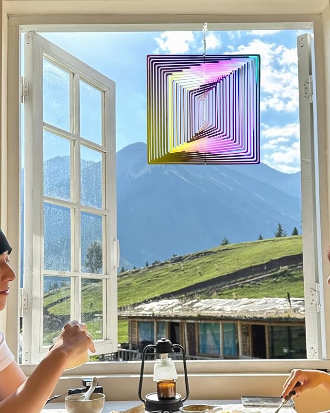 3D Square Wind Spinner - Flowing Light Effect, Purple-Green Gradient Metal Spinner for Outdoor Garden Decor, Unique Gift for Mom & Women