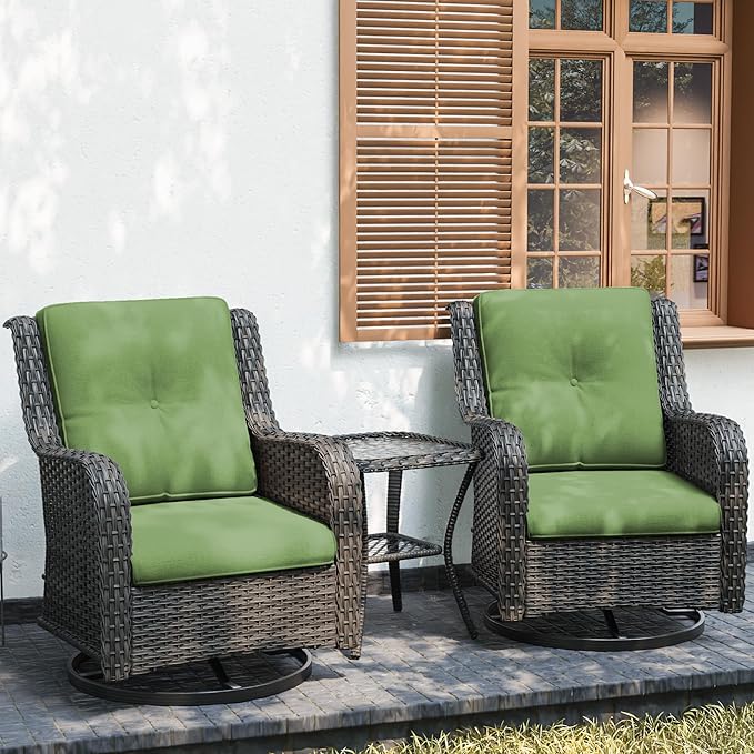 Joyside Outdoor Swivel Rocker Patio Chairs Set of 2 and Matching Side Table - 3 Piece Wicker Patio Bistro Set with Premium Fabric Cushions(Mixed Grey/Green)