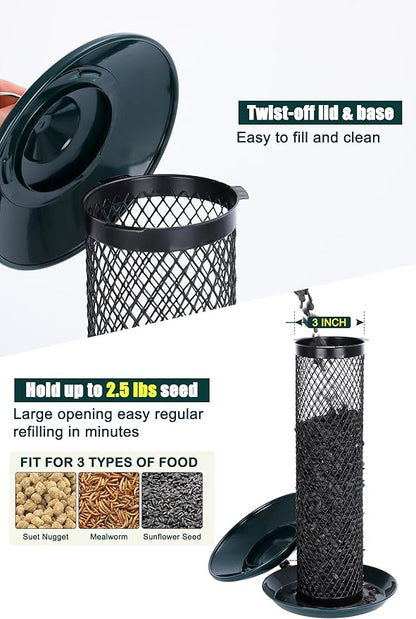 Gtongoko Bird Feeder for Outside, Metal Mesh Tube Bird Feeders 2.5 lbs for Sunflower Seeds or Mealworm, Large Capacity, Green, 1 Pack