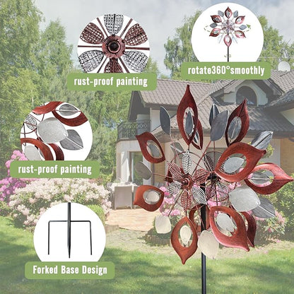 GUAGUA Classical Metal Wind Spinner Outdoor, 360 Degrees Swivel Wind Spinners for Yard and Garden, 74 in Wind Sculptures Willow Leaves Patio Decor (Red)