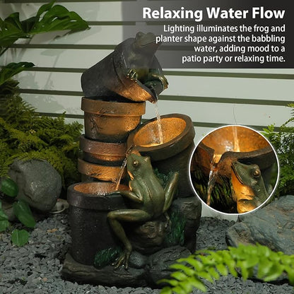27.2''H Garden Fountains Outdoor Water Fountain,3 Tier Cascading Barrel Frog with LED Lights & Pump for Farmhouse Patio Yard Deck Home Lawn Porch House Decorations