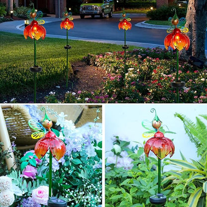 VCUTEKA Solar Garden Lights Metal Flower Decor Colorful Fairy Flowers Solar Pathway Light with LED Cracked Crystal Ball Outdoor Decorative Stake for Patio Yard Lawn
