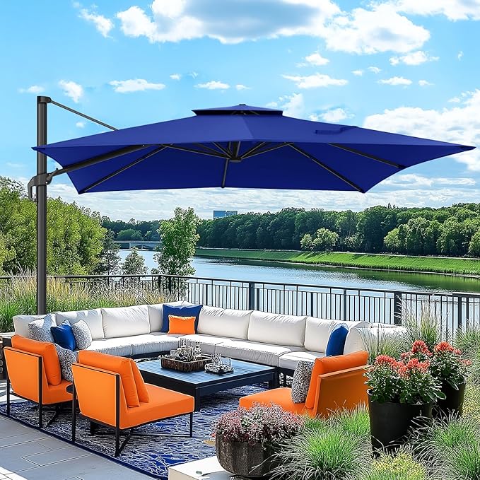 Hotime 10ft Patio Cantilever Umbrella Deck Offset Double Roof Umbrellas,sombrillas de patio Large Rectangular tilt umbrella with 360°Rotation&Heavy-Duty Aluminum Frame,for Poolside Garden,Dark Blue