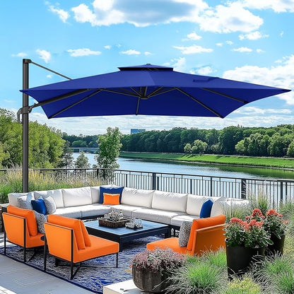 Hotime 10ft Patio Cantilever Umbrella Deck Offset Double Roof Umbrellas,sombrillas de patio Large Rectangular tilt umbrella with 360°Rotation&Heavy-Duty Aluminum Frame,for Poolside Garden,Dark Blue