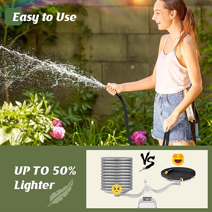 Non-Expanding Garden Hose 50FT, Lightweight & DurableWater Hose, No-Kink, Tough & Flexible Hose, Crush-Proof for Yard, Lawn, Outdoor, Car Wash, Marine and Camper