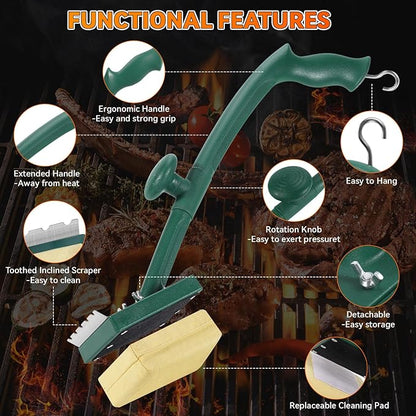 Grill Brush Bristle Free with Scraper,22" Extra Long Steam Grill Brush for Outdoor Grill,Replaceable Cleaning Head,Safe Grill Cleaner for Cast Iron/Stainless-Steel Grates,Ideal BBQ Gifts for Men Dad