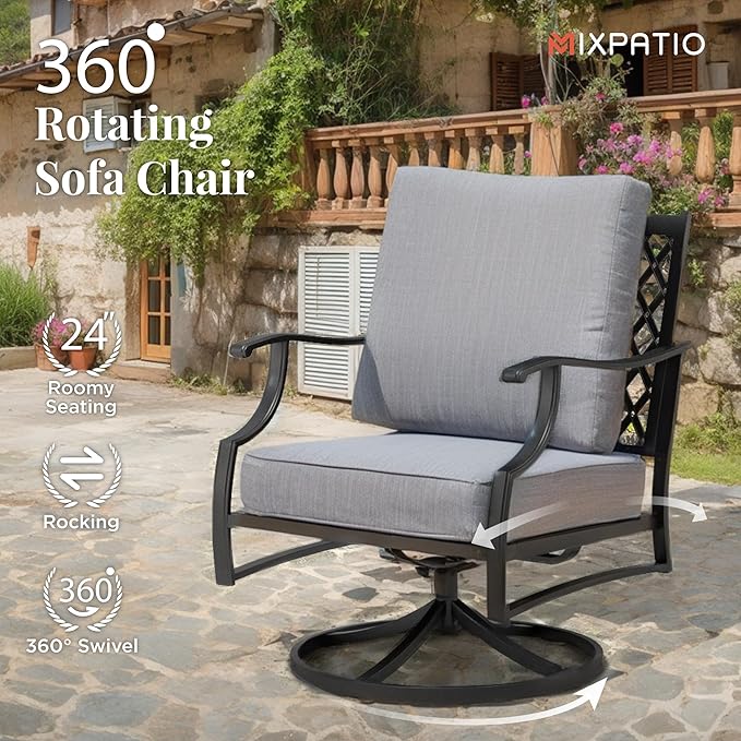 Patio Furniture Set 6 pcs, Outdoor Patio Furniture, 1 X 3-Seat Sofa, 2 X Single Chairs, 2 X Swivel Chairs, 1 X Coffee Table and 5.75" Extra Thick Cushion, Patio Conversation Set,Grey