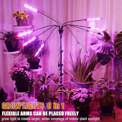 Grow Lights for Indoor Plants Full Spectrum with Stand and Timer, (Red+Blue+White) 8 Heads LED Plant Lights for Indoor Growing, Standing Floor House Plant Lamp for Seed Starting.