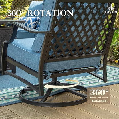 HERA'S HOUSE 6 Piece Patio Furniture Set, 2 x Swivel Chair, 2 x Fixed Chair, 1 x 3-Seat Sofa with Marbling Coffee Table, All Weather Outdoor Conversation Set for Lawn Garden Backyard, Navy Blue