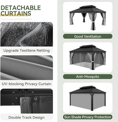Aoxun Hardtop Gazebo 12x16 with Gutter, Upgraded Wider Aluminum Outdoor Gazebo with Galvanized Steel Double Roof, Patio Permanent Metal Pavilion with Netting and Privacy Curtain