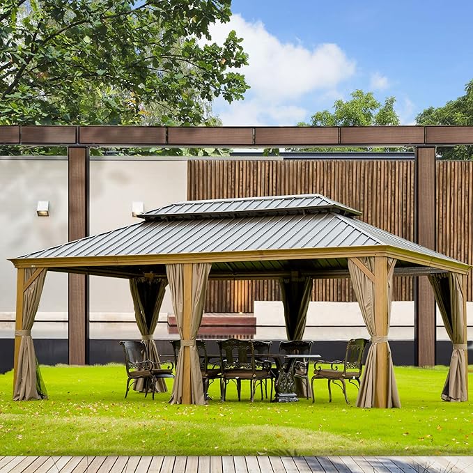 Domi Outdoor Living 12’x18’ Hardtop Gazebo, Wooden Coated Aluminum Frame Canopy with Galvanized Steel Double Roof, Outdoor Permanent Metal Pavilion with Curtains and Netting for Patio, Deck and Lawn